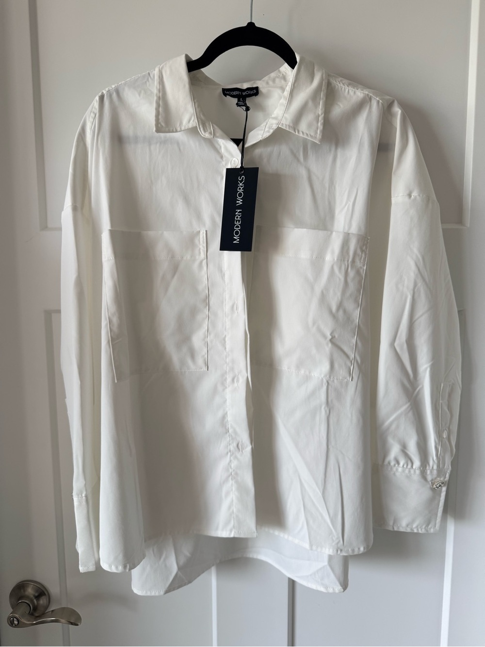 Modern Works White Button-Up Shirt Rhinestone Heart Button Cuff NWT Large